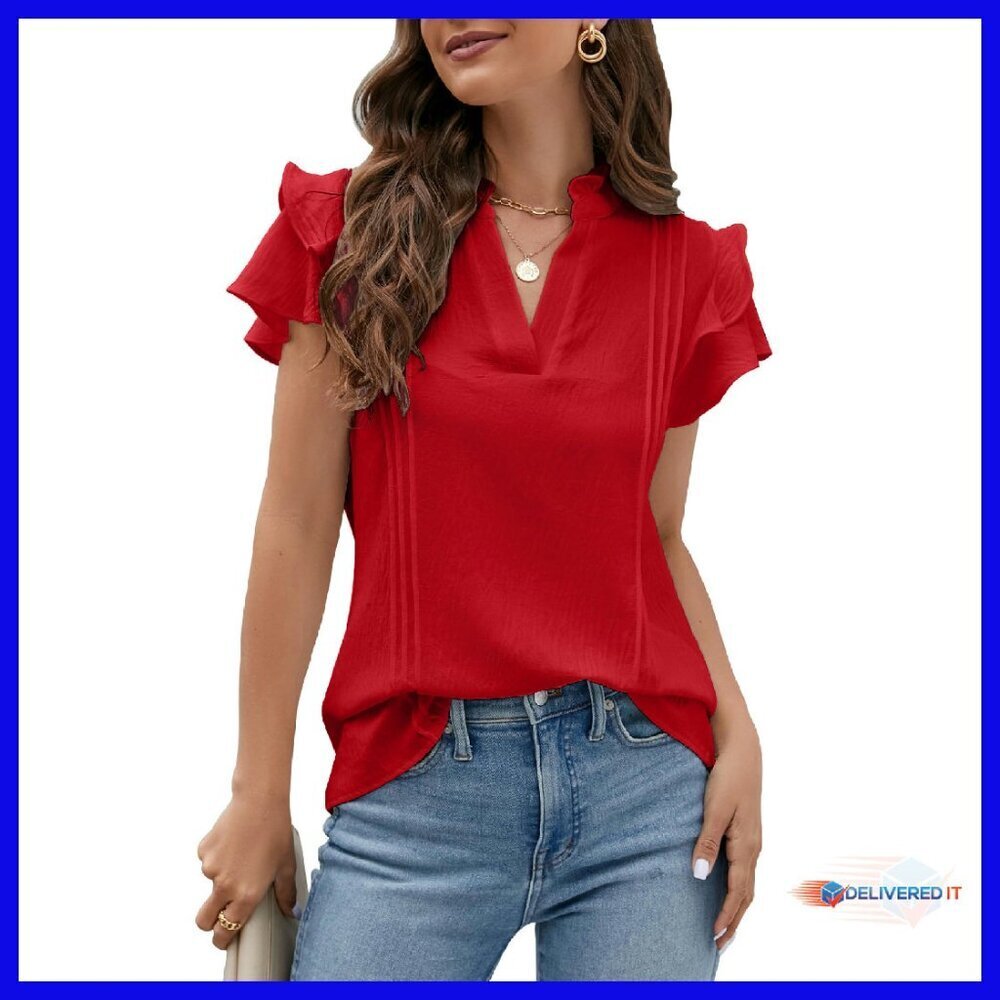 Ruffle Sleeve V-Neck Blouse, Polyester Spandex, Business Casual Top